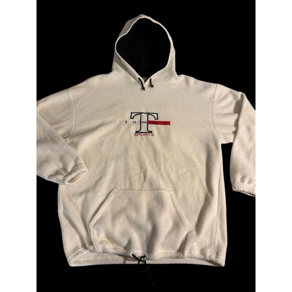 Tommy Hilfiger Men's Fleece Hoodie Sweatshirt Size XL Drawstring White Logo VTG - Picture 7 of 7